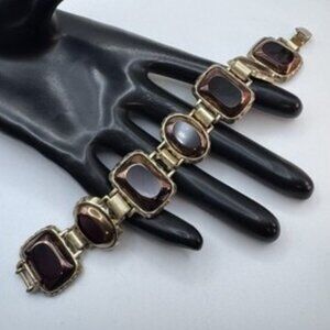 LIZ CLAIBORNE Signed LS Purple Glass Cabochons Two Gold Tone Wide Bracelet VTG